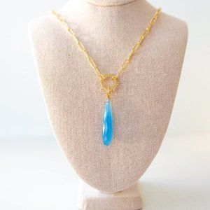 Brilliant Blue Chalcedony Pendant Necklace Gold Paperclip Chain Removable